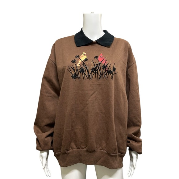 Vintage Morning Sun Brown Cardinal Red Bird Sweatshirt Top Size 2X - Picture 3 of 11